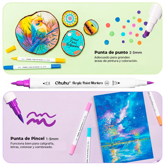 Marcadores acrílicos OHUHU | 36 COLORES DOBLE PUNTA (PINCEL Y PUNTO)