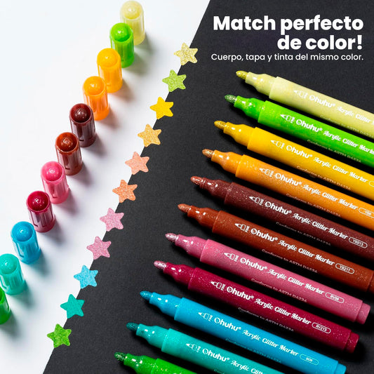 OHUHU 24 MARCADORES GLITTER METÁLICOS PURPURINA PUNTA 3MM