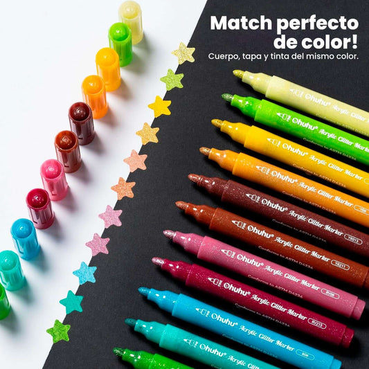 OHUHU 24 MARCADORES GLITTER METÁLICOS PURPURINA PUNTA 3MM