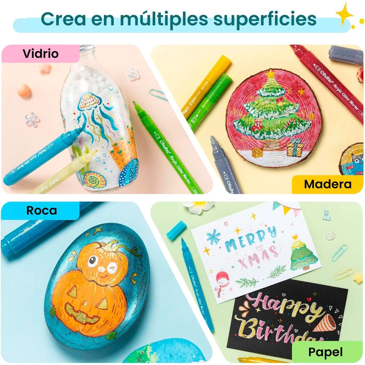 OHUHU 24 MARCADORES GLITTER METÁLICOS PURPURINA PUNTA 3MM