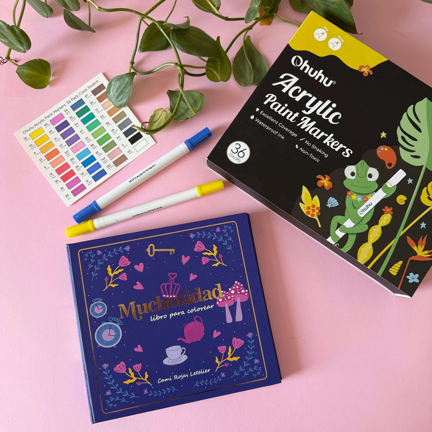 Pack libro Muchosidad + acrilicos ohuhu 36 colores + envio GRATIS, set de pintura y libro de colorear.
