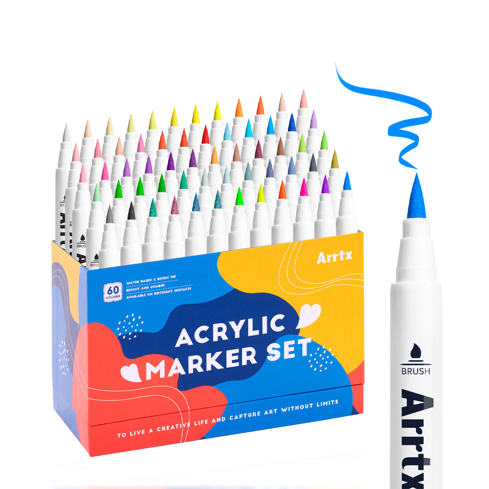 Marcadores acrílicos ARRTX | 60 COLORES  PUNTA PINCEL (50 REGULARES 4 METÁLICOS 6 NEÓN)