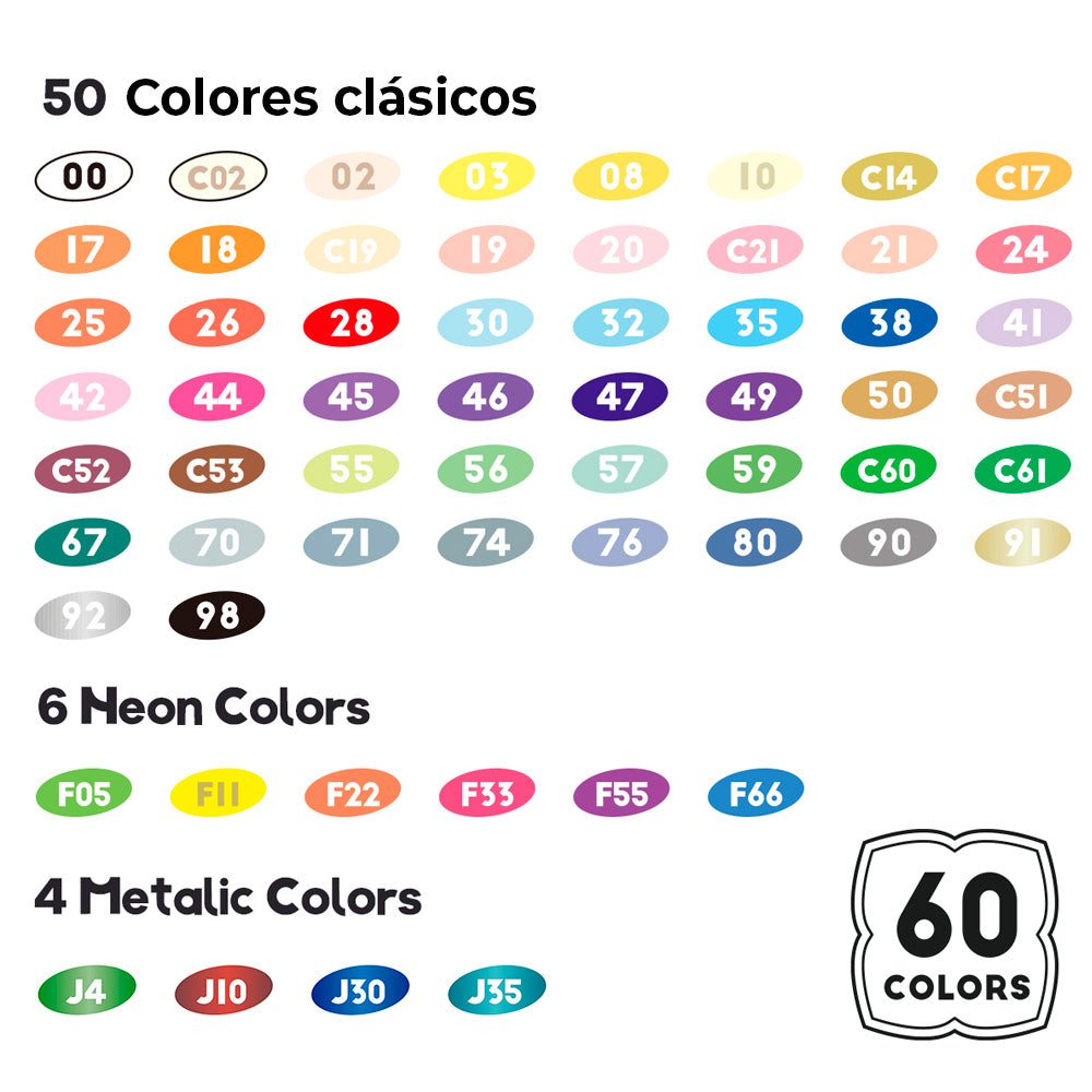 Marcadores acrílicos ARRTX | 60 COLORES  PUNTA PINCEL (50 REGULARES 4 METÁLICOS 6 NEÓN)