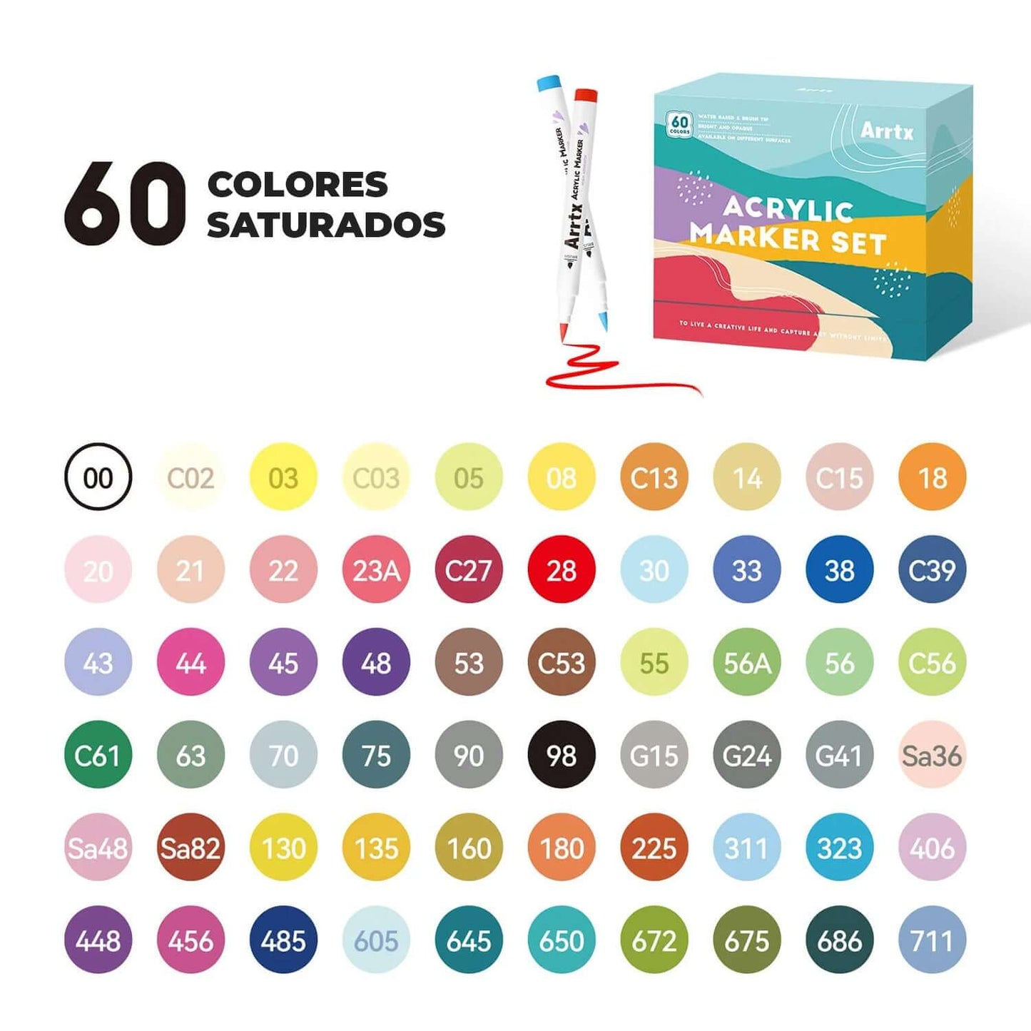 Marcadores acrílicos ARRTX | 60 COLORES PAISAJISMO PUNTA PINCEL+ ENVIO GRATIS - Cami Rojas Letelier