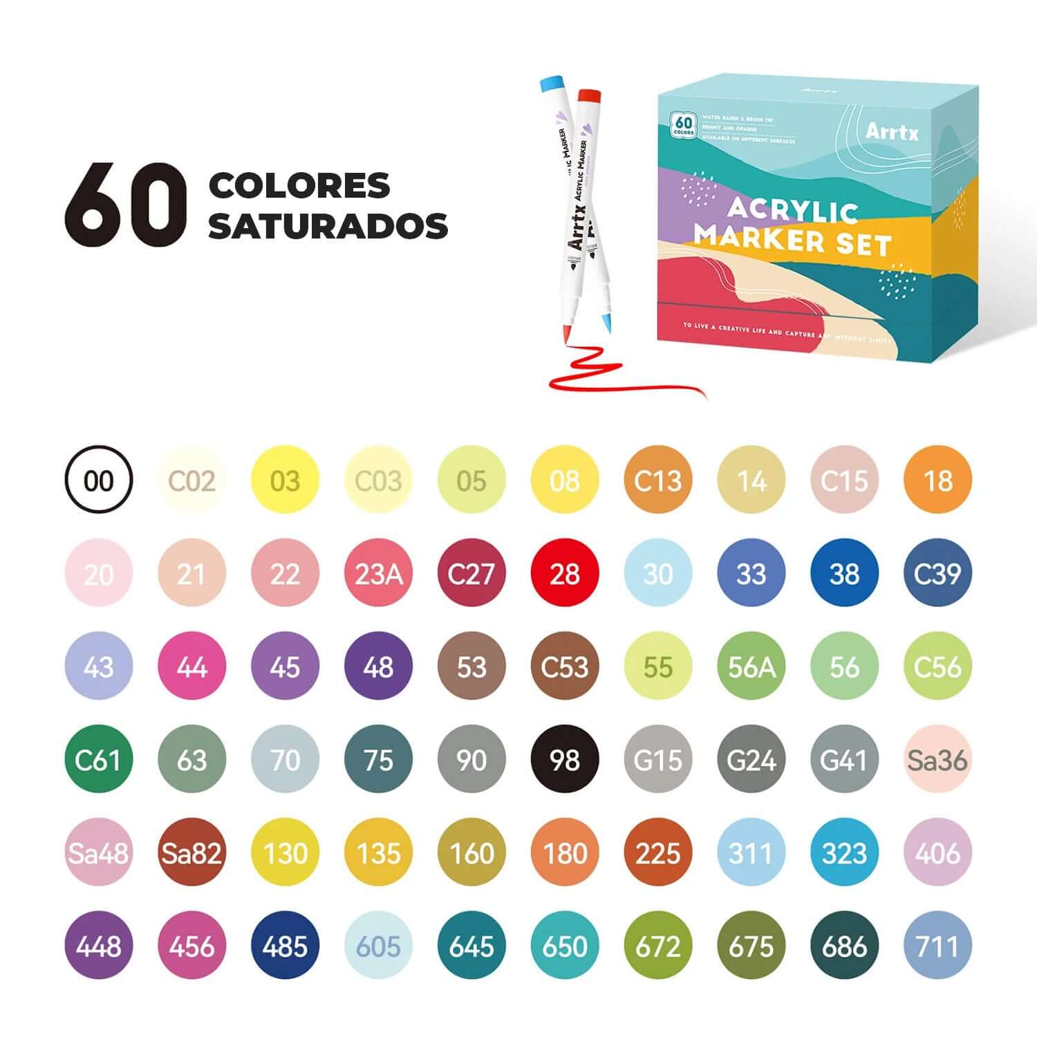 Marcadores acrílicos ARRTX | 60 COLORES PAISAJISMO PUNTA PINCEL+ ENVIO GRATIS - Cami Rojas Letelier