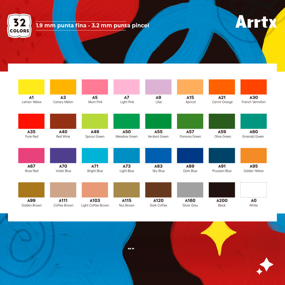 Marcadores acrílicos ARRTX | 32 COLORES PUNTA DE PINCEL Y FINA