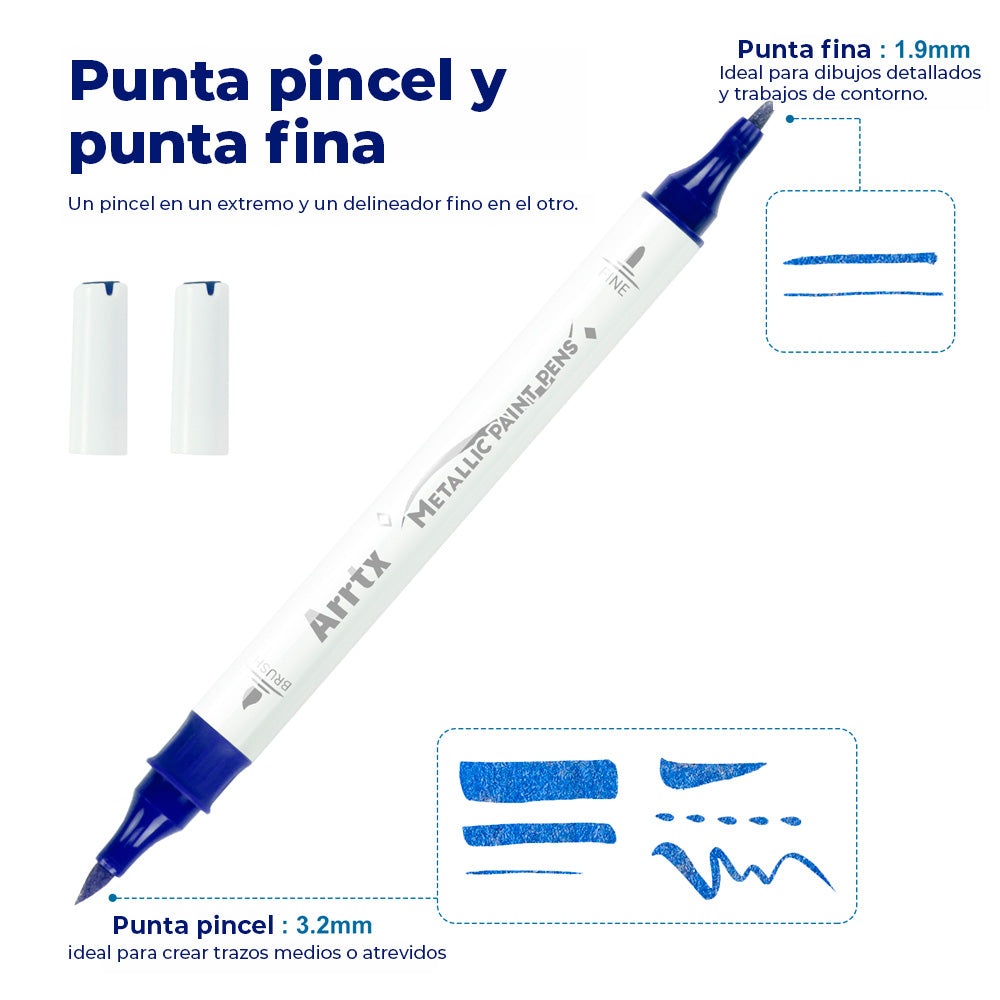 Marcadores acrílicos ARRTX | 18 colores metalizados punta pincel y fina