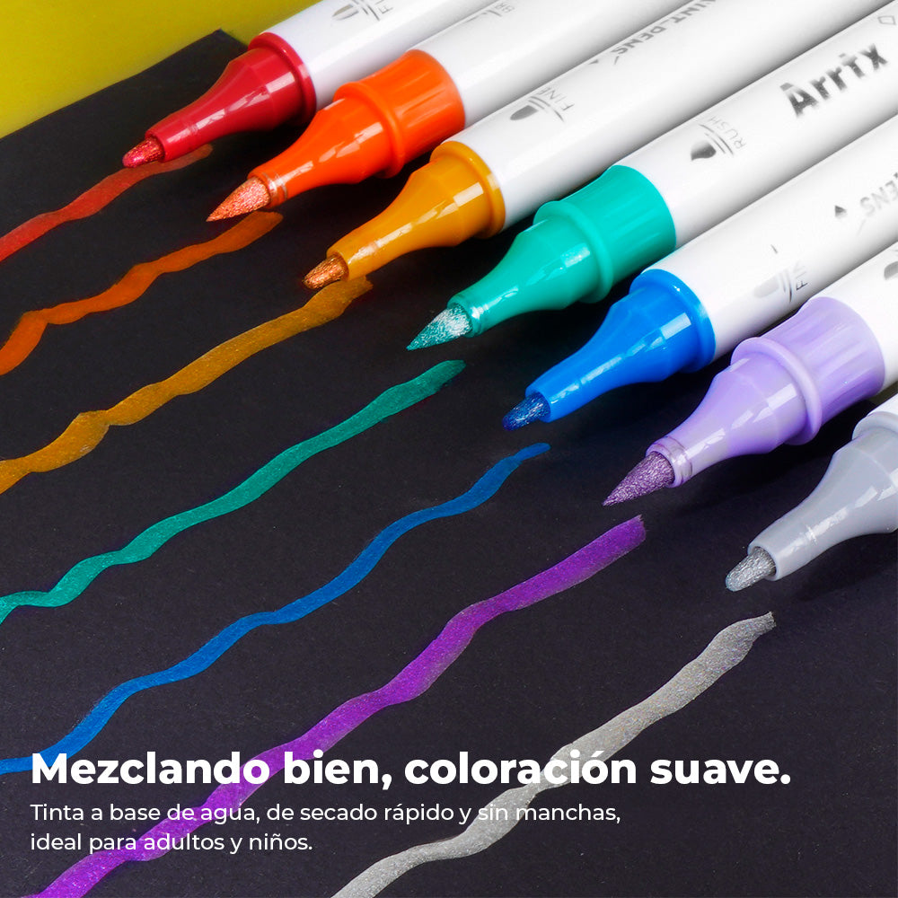 Marcadores acrílicos ARRTX | 18 colores metalizados punta pincel y fina