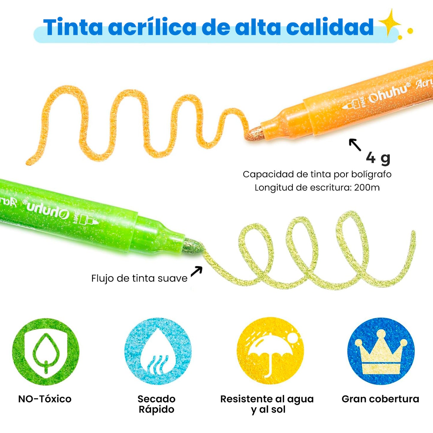 OHUHU 24 MARCADORES GLITTER METÁLICOS PURPURINA PUNTA 3MM