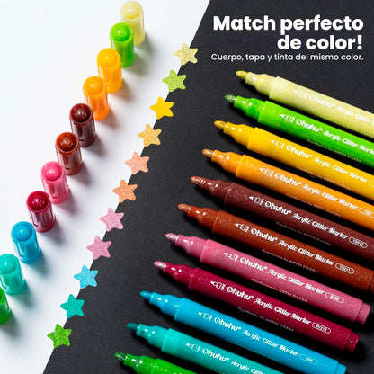OHUHU 24 MARCADORES GLITTER METÁLICOS PURPURINA PUNTA 3MM