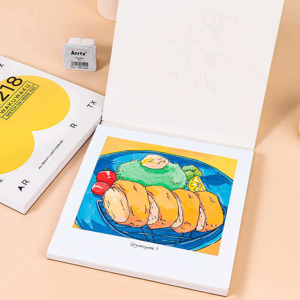 Block Arrtx- Mix media con ilustración de sushi en página interior de cuaderno de bocetos, papel para técnicas mixtas.