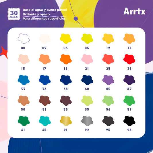 Marcadores acrílicos ARRTX | 30 COLORES 30B PUNTA DE PINCEL - Cami Rojas Letelier