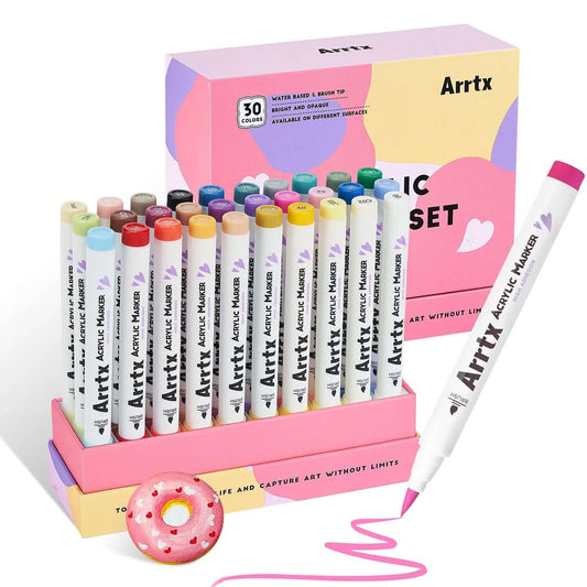 Marcadores acrílicos ARRTX | 30 COLORES 30D PUNTA DE PINCEL (COLORES VIBRANTES) en un set vibrante con tinta a base de agua.