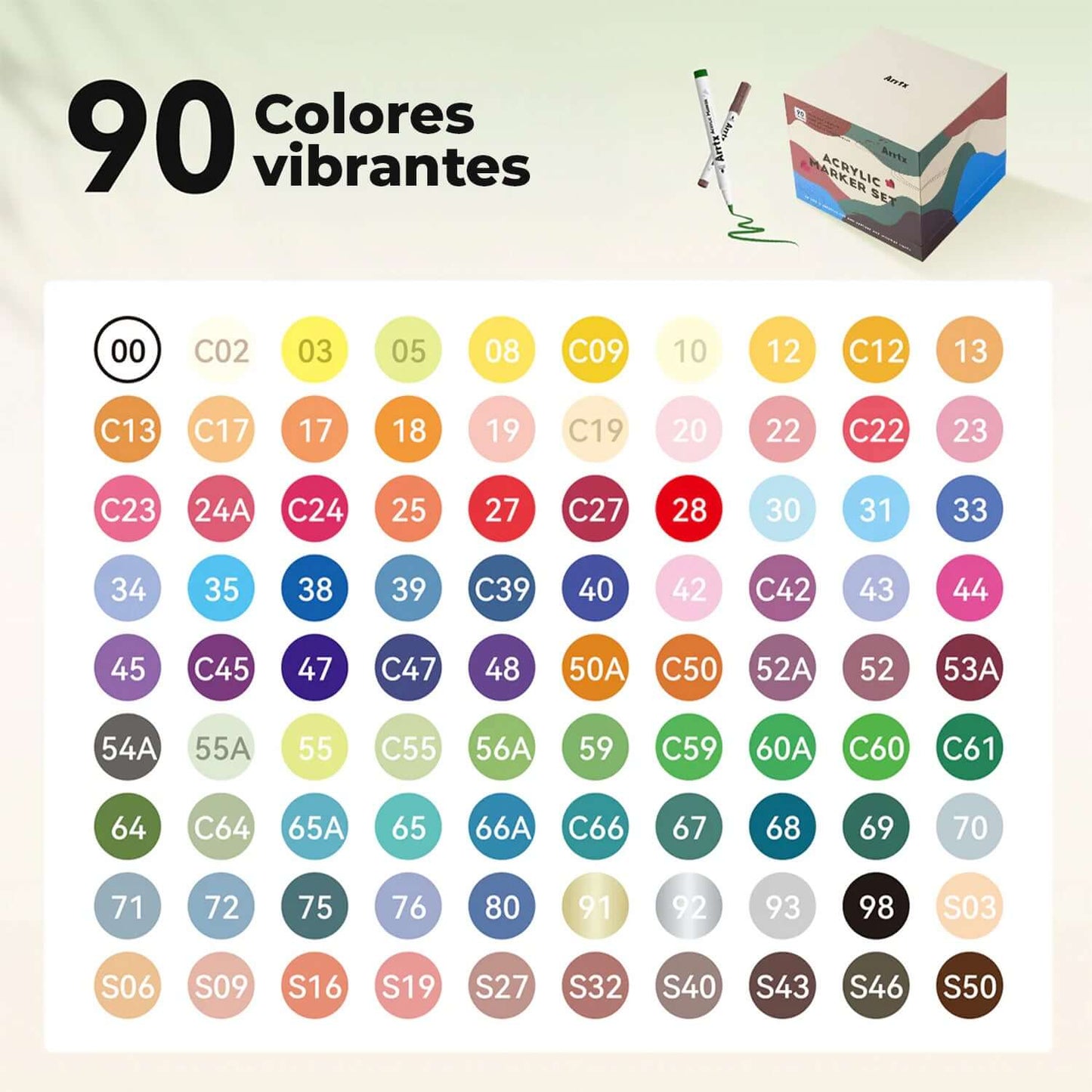 Marcadores acrílicos ARRTX | 90 COLORES PUNTA PINCEL+ ENVIO GRATIS - Muestra de 90 colores vibrantes.