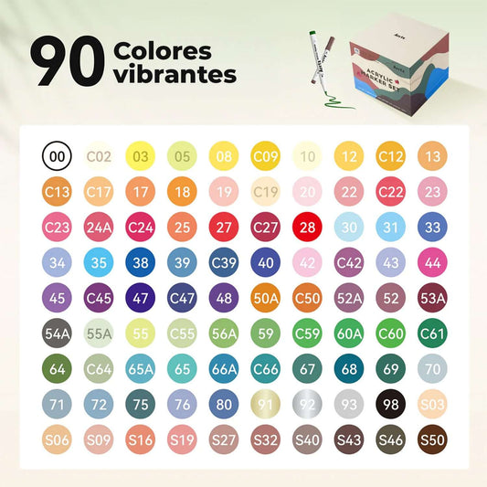 Marcadores acrílicos ARRTX | 90 COLORES PUNTA PINCEL+ ENVIO GRATIS - Muestra de 90 colores vibrantes.