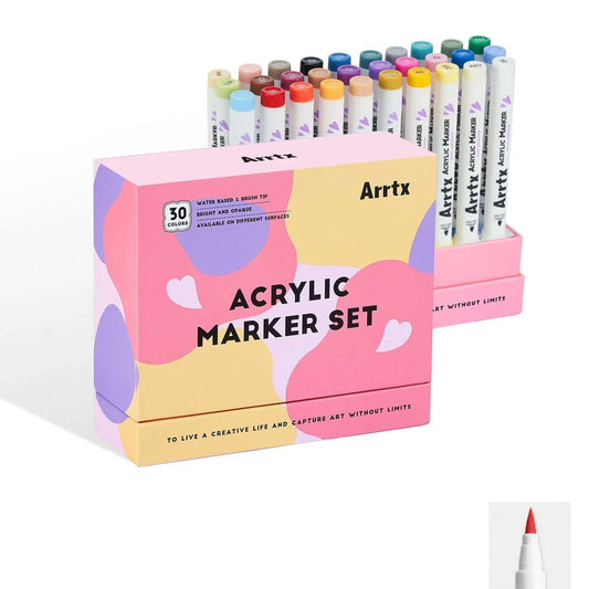 Marcadores acrílicos ARRTX | 30 COLORES 30D PUNTA DE PINCEL (COLORES VIBRANTES) con caja colorida y marcadores.
