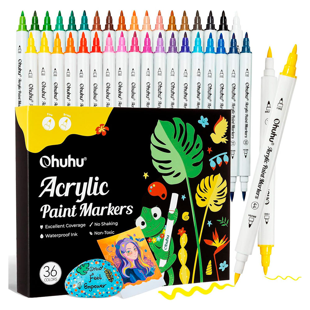 Marcadores acrílicos OHUHU | 36 COLORES DOBLE PUNTA (PINCEL Y FINA) - Cami Rojas Letelier