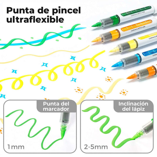 Marcadores acrílicos Nahuku de Ohuhu | Punta pincel 48 colores con punta ultraflexible mostrando trazos en diferentes grosores.