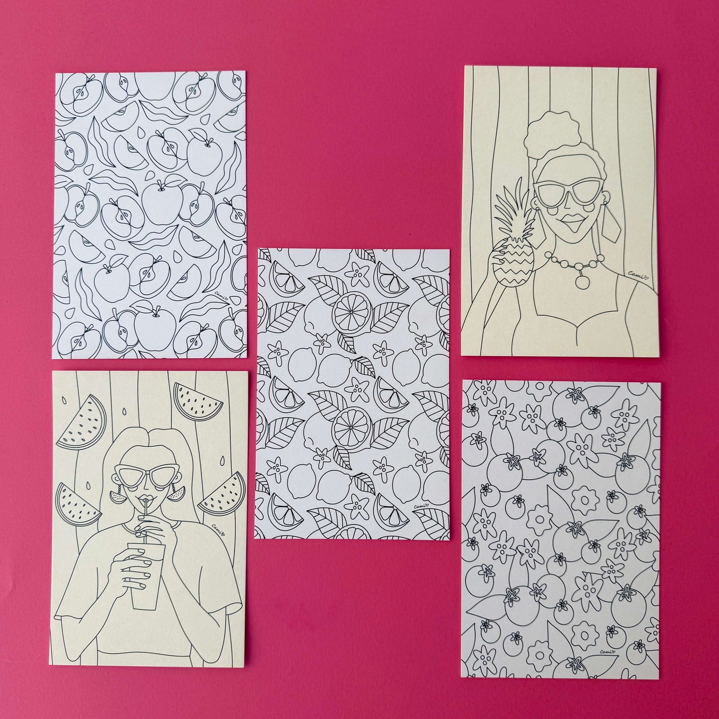 Mini kit creativo Frutalia includes 5 coloring postcards featuring fruity designs and stylish characters.