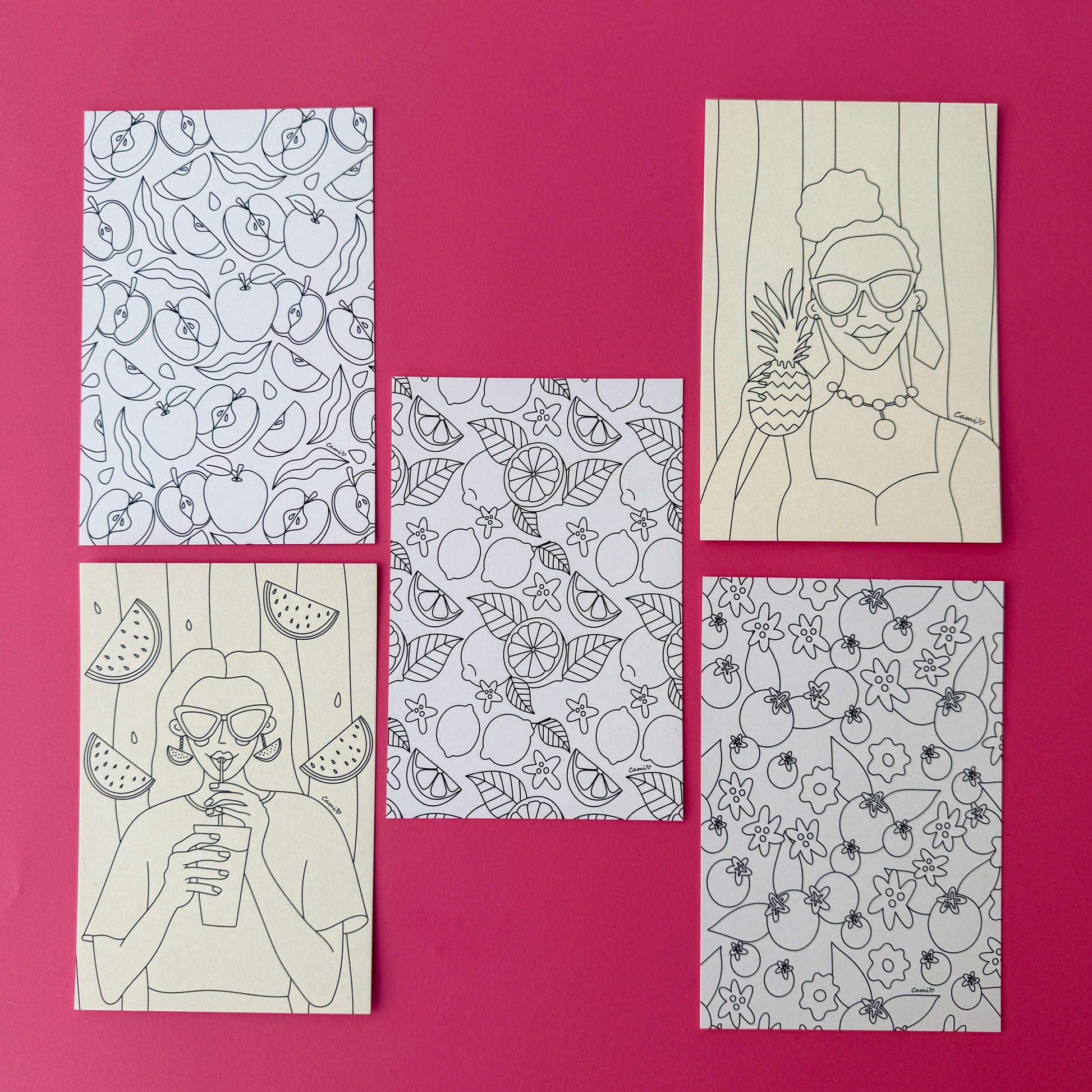 Mini kit creativo Frutalia includes 5 coloring postcards featuring fruity designs and stylish characters.