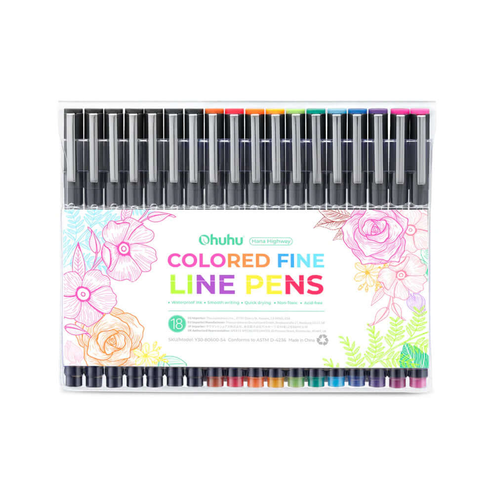 Set tiralineas Colored fine OHUHU | 18 tiralineas punta fina, bolígrafos de dibujo en colores vibrantes.