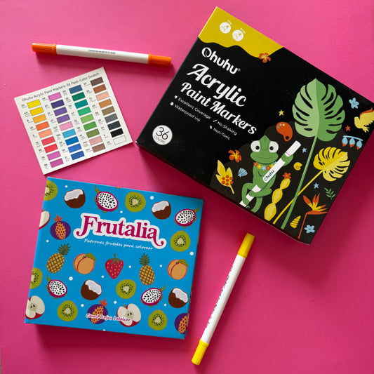 Pack Frutalia + set acrilicos Ohuhu + envío GRATIS con marcadores acrílicos de colores sobre fondo rosa.