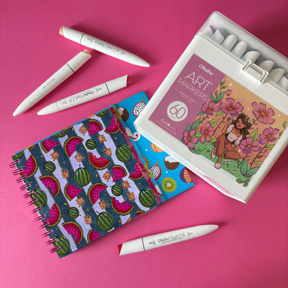 Pack libro Frutalia + set Kaala B 60 colores + envío GRATIS con marcadores y libro de patrones frutales.